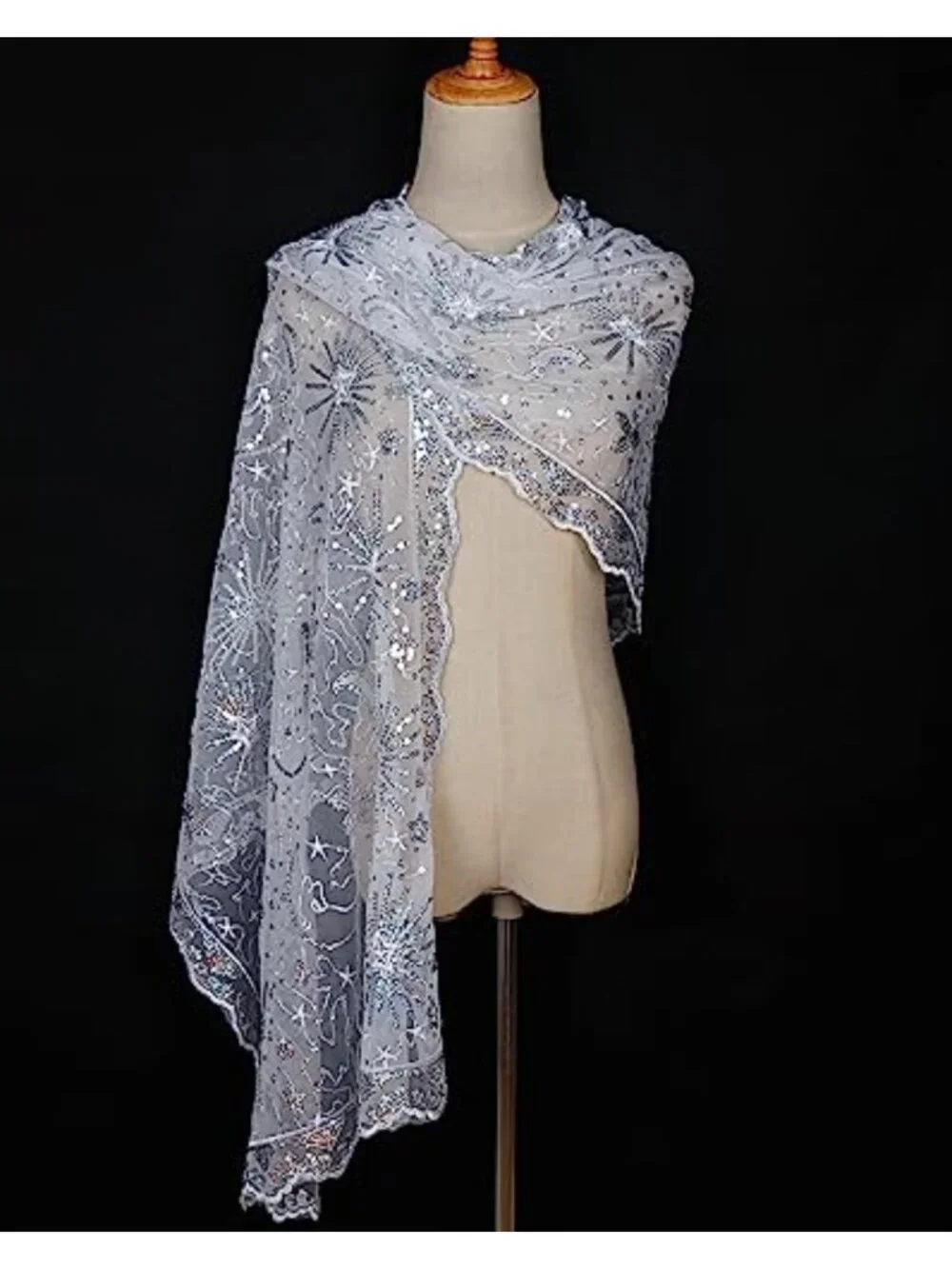 1920s Sequin Fringed Shawl Wrap Lace Evening Scarf